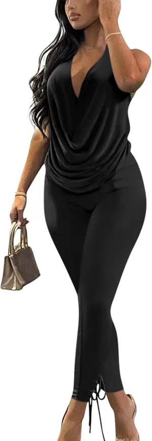 Doweha Women's Sexy Summer Two Piece Outfits Sleeveless Backless Deep V Neck Tank Tops And High Waisted Pants Matching Sets
