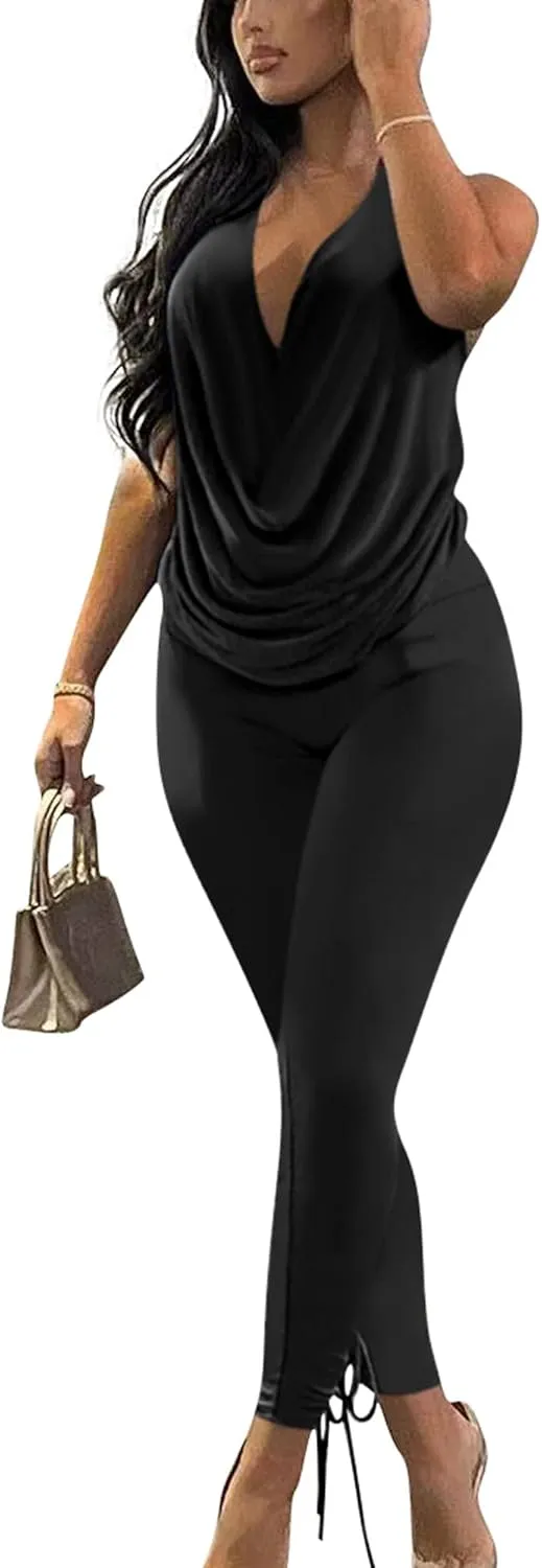 Doweha Women's Sexy Summer Two Piece Outfits Sleeveless Backless Deep V Neck Tank Tops And High Waisted Pants Matching Sets