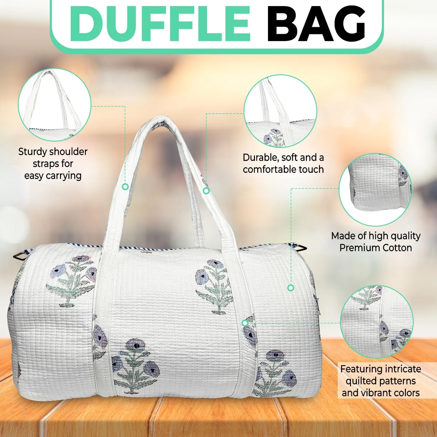 Duffle Bag  Handmade Block Print Duffle, Boho, Weekender, Travel Tote | Overnight Gym Yoga | Sustainable Cotton | Maternity, Hospital & Pregnancy Essentials | Washable