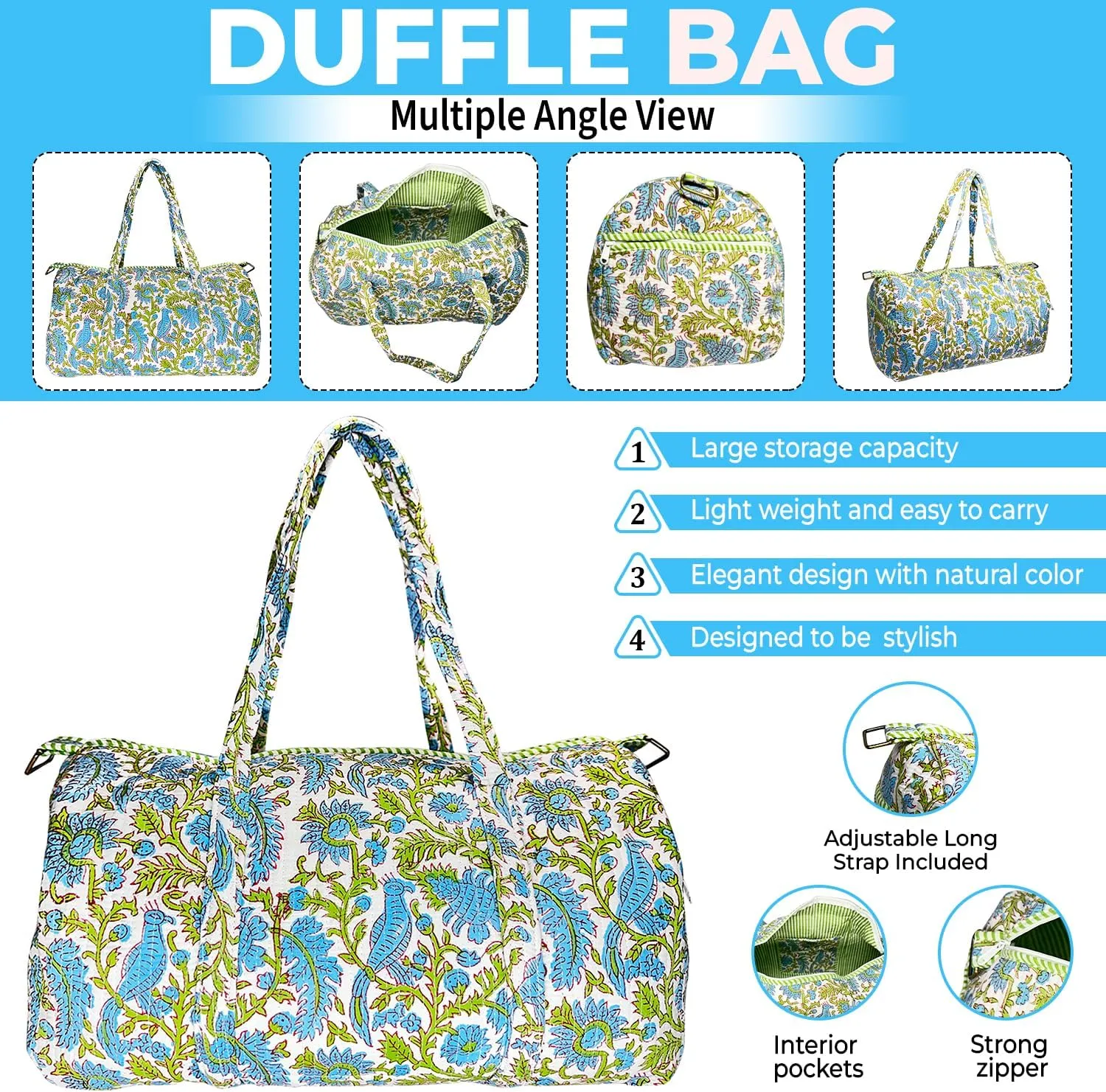 Duffle Bag  Handmade Block Print Duffle, Boho, Weekender, Travel Tote | Overnight Gym Yoga | Sustainable Cotton | Maternity, Hospital & Pregnancy Essentials | Washable