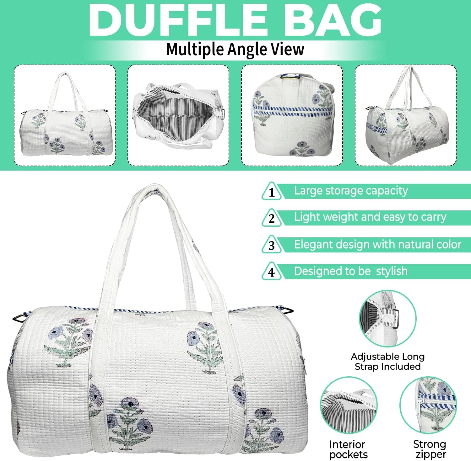 Duffle Bag  Handmade Block Print Duffle, Boho, Weekender, Travel Tote | Overnight Gym Yoga | Sustainable Cotton | Maternity, Hospital & Pregnancy Essentials | Washable