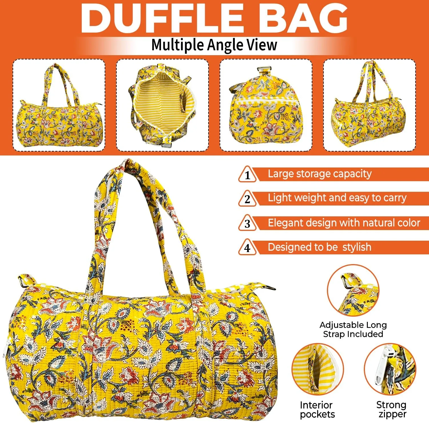Duffle Bag  Handmade Block Print Duffle, Boho, Weekender, Travel Tote | Overnight Gym Yoga | Sustainable Cotton | Maternity, Hospital & Pregnancy Essentials | Washable