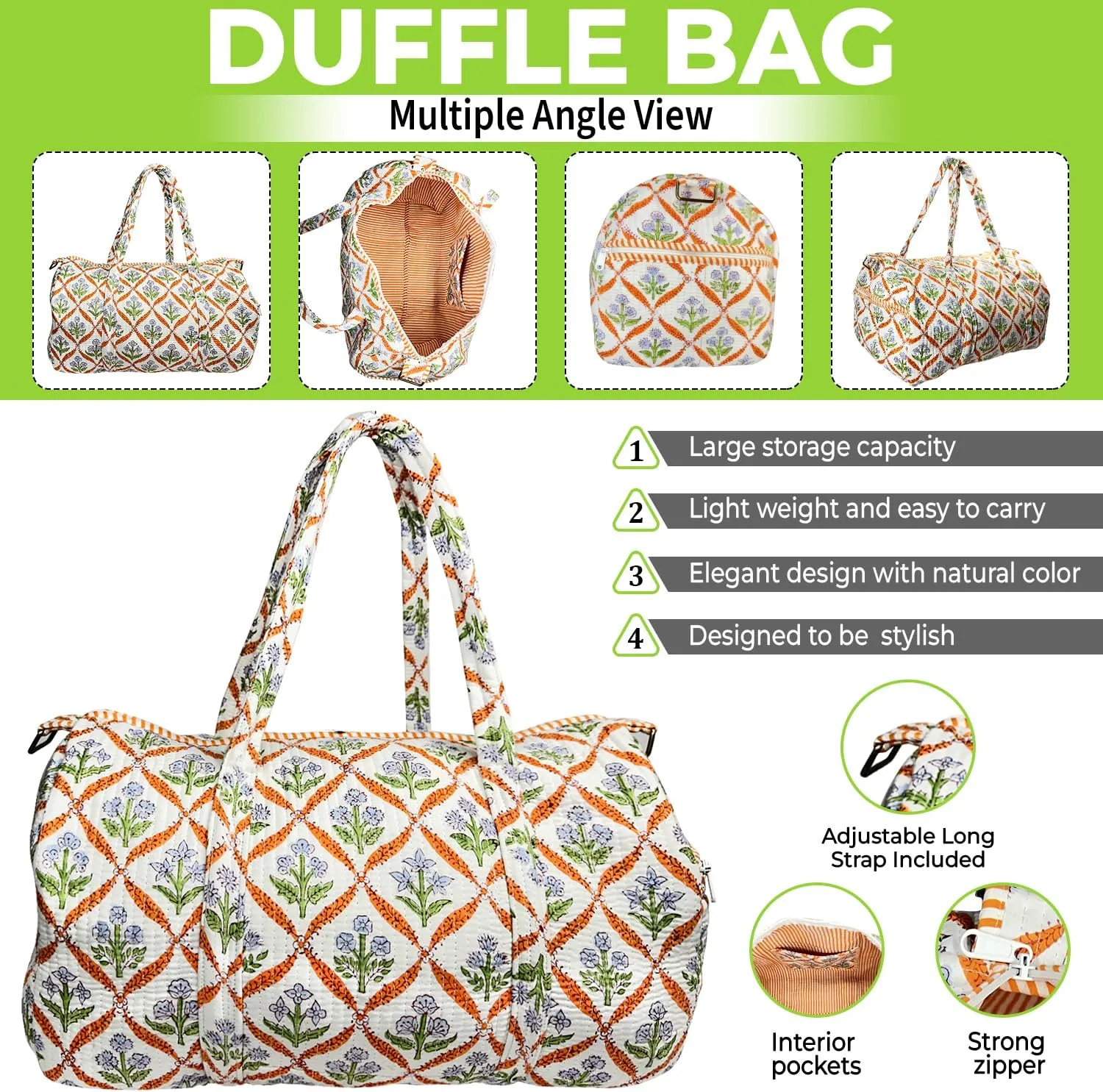 Duffle Bag  Handmade Block Print Duffle, Boho, Weekender, Travel Tote | Overnight Gym Yoga | Sustainable Cotton | Maternity, Hospital & Pregnancy Essentials | Washable