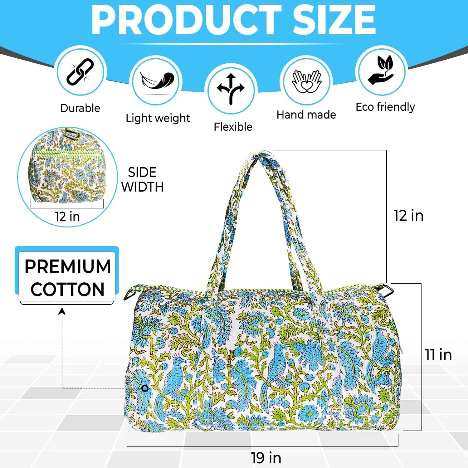 Duffle Bag  Handmade Block Print Duffle, Boho, Weekender, Travel Tote | Overnight Gym Yoga | Sustainable Cotton | Maternity, Hospital & Pregnancy Essentials | Washable