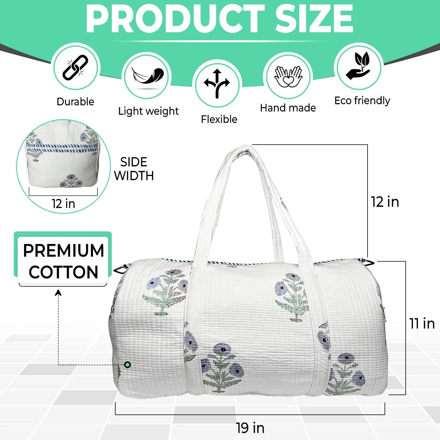 Duffle Bag  Handmade Block Print Duffle, Boho, Weekender, Travel Tote | Overnight Gym Yoga | Sustainable Cotton | Maternity, Hospital & Pregnancy Essentials | Washable