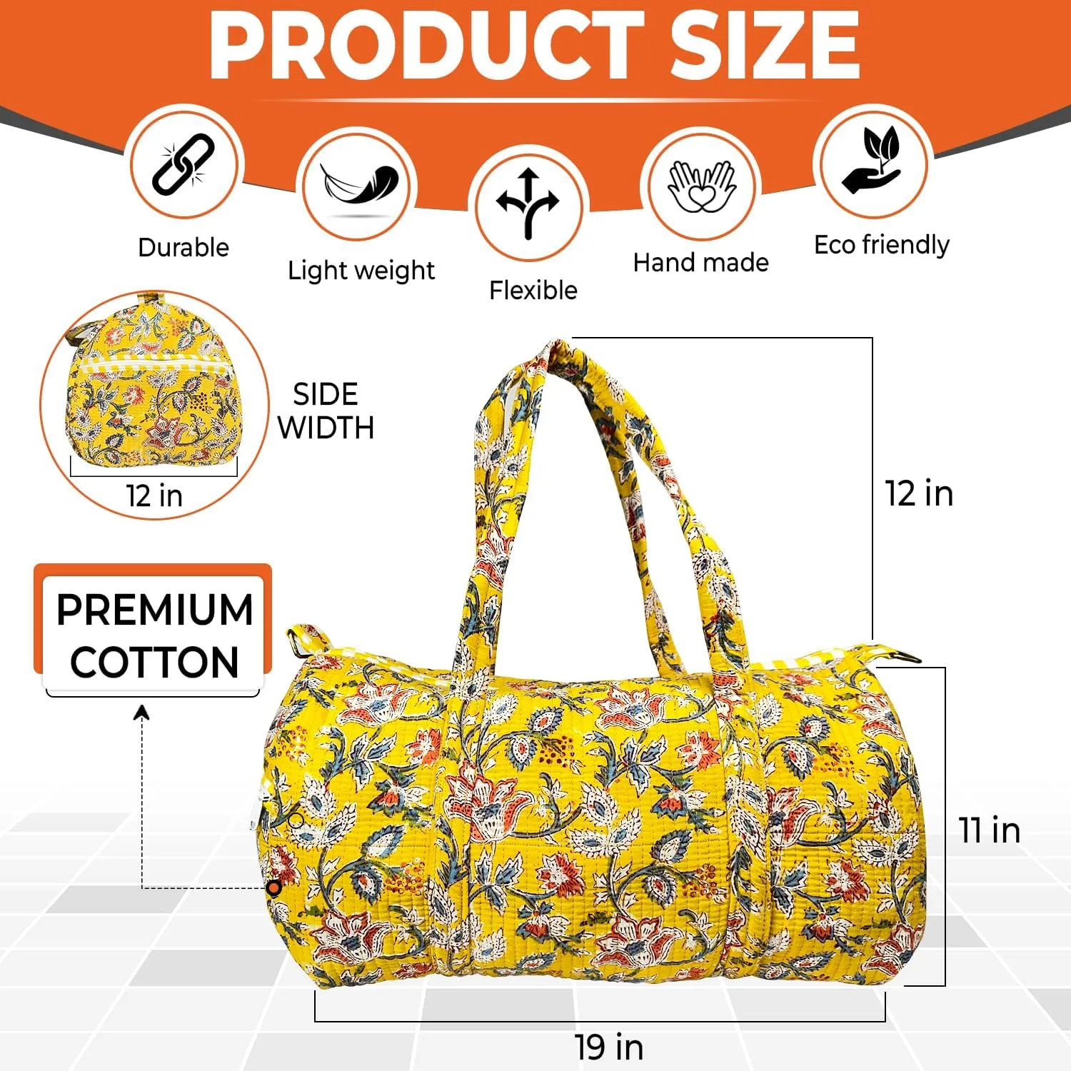 Duffle Bag  Handmade Block Print Duffle, Boho, Weekender, Travel Tote | Overnight Gym Yoga | Sustainable Cotton | Maternity, Hospital & Pregnancy Essentials | Washable