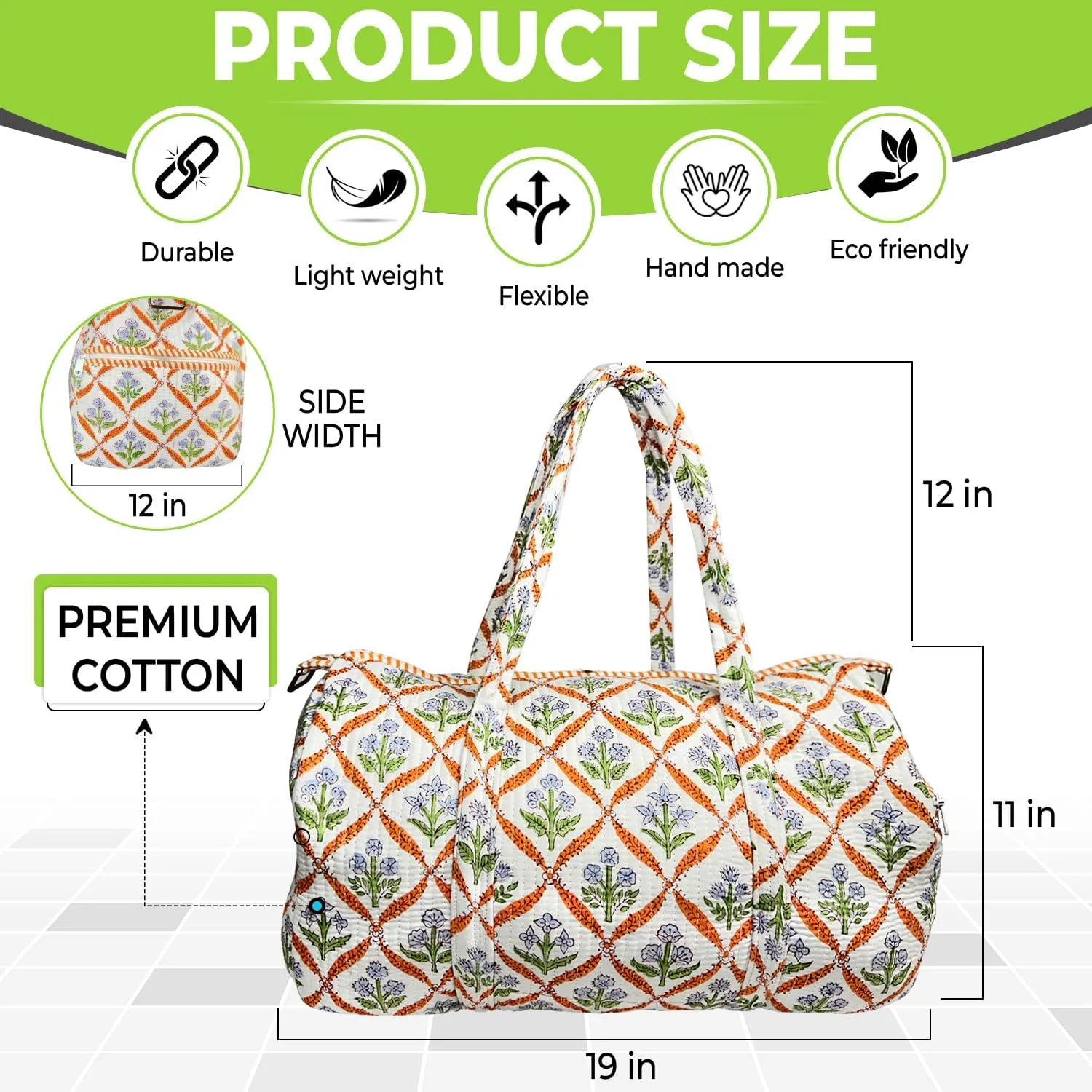 Duffle Bag  Handmade Block Print Duffle, Boho, Weekender, Travel Tote | Overnight Gym Yoga | Sustainable Cotton | Maternity, Hospital & Pregnancy Essentials | Washable