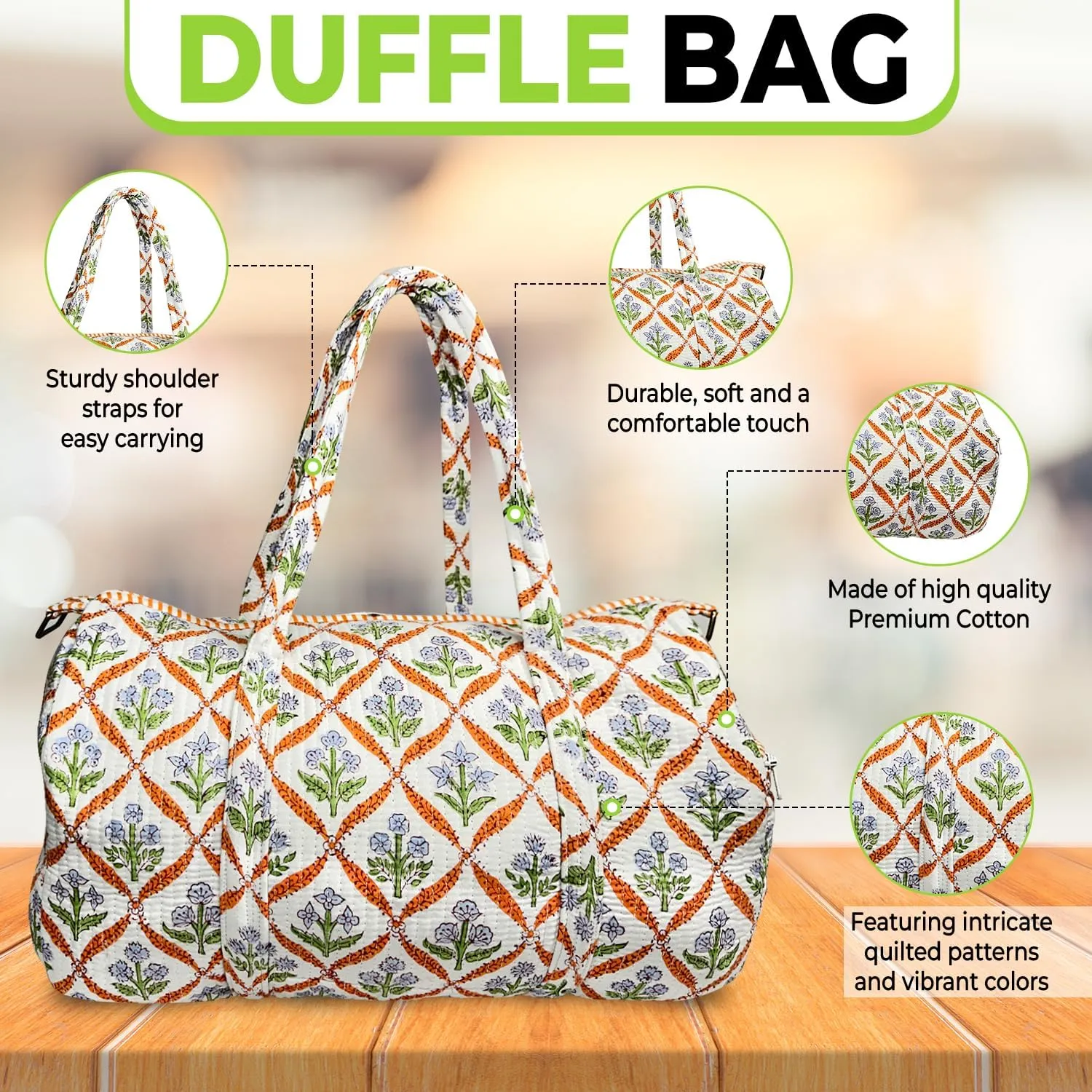 Duffle Bag  Handmade Block Print Duffle, Boho, Weekender, Travel Tote | Overnight Gym Yoga | Sustainable Cotton | Maternity, Hospital & Pregnancy Essentials | Washable
