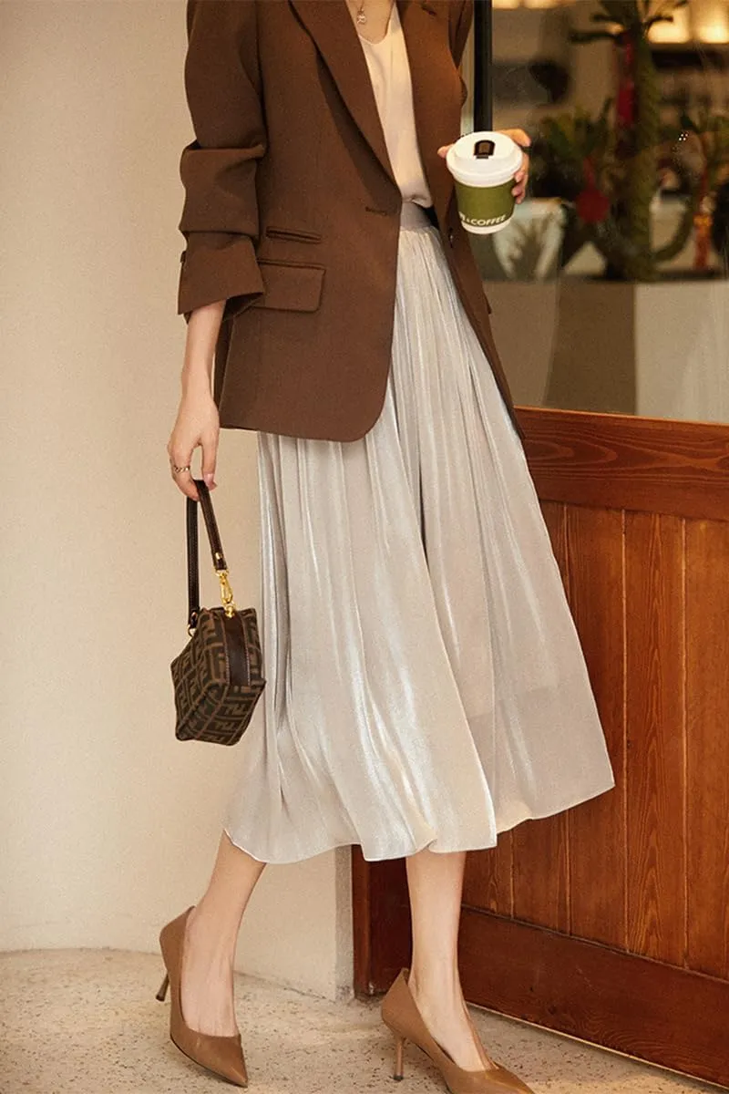 ebossy Women's Summer Elegant Shiny Lustrous Midi Skirt Elastic Waist Pleated Flowy Swing A-line Skirts