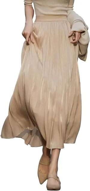 ebossy Women's Summer Elegant Shiny Lustrous Midi Skirt Elastic Waist Pleated Flowy Swing A-line Skirts