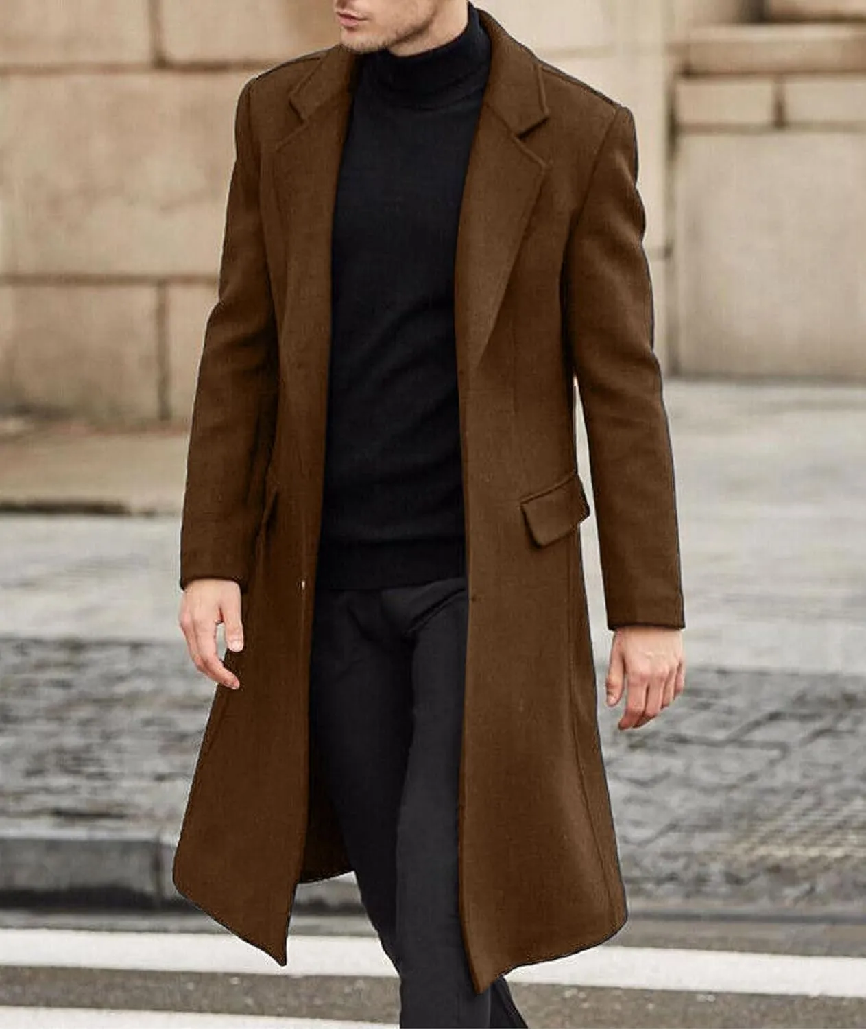 ECDAHICC Men's Slim Fit Single Breasted Trench Coat Winter Pea Coat Notch Lapel Long Casual Overcoat wih Pockets