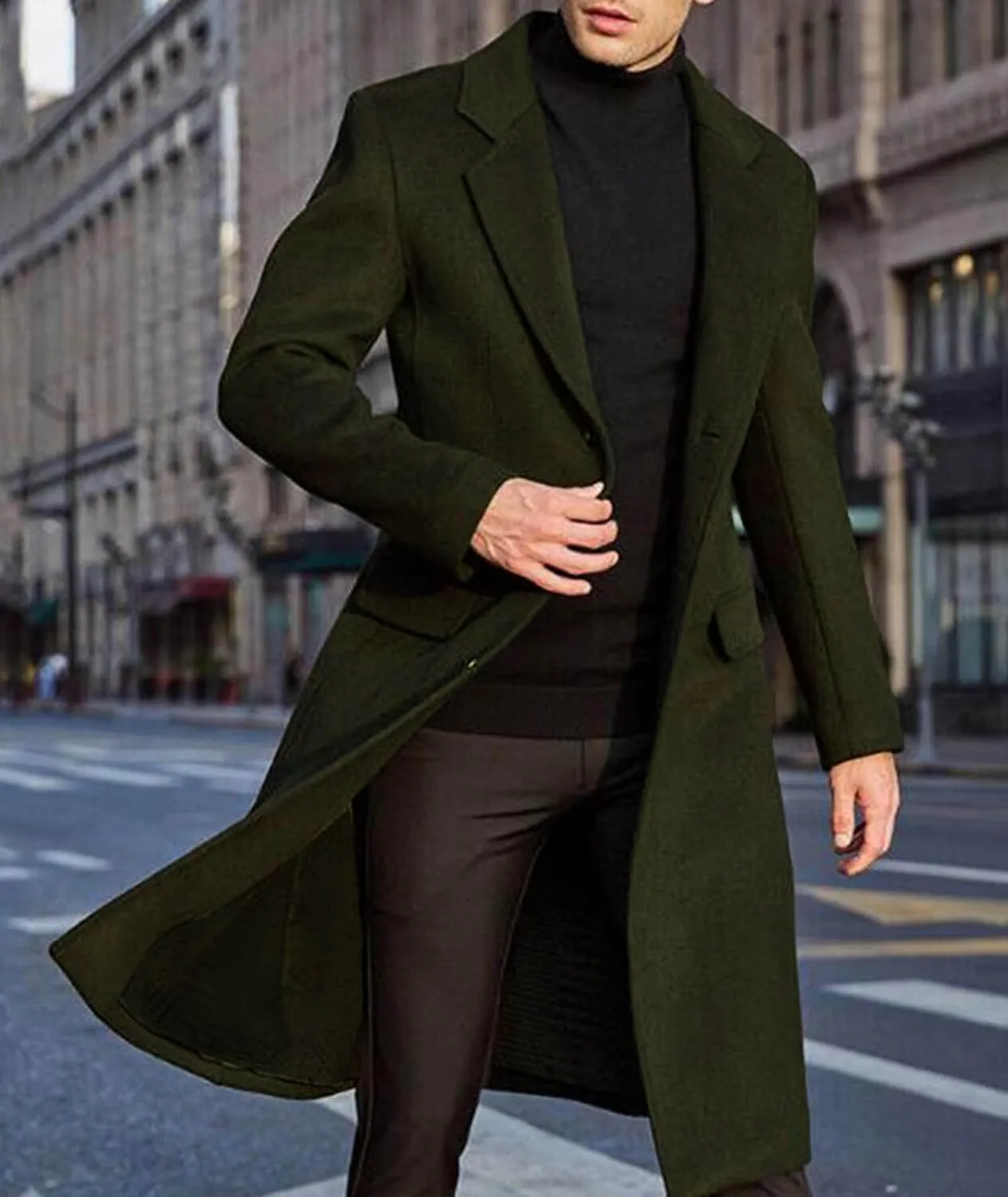 ECDAHICC Men's Slim Fit Single Breasted Trench Coat Winter Pea Coat Notch Lapel Long Casual Overcoat wih Pockets