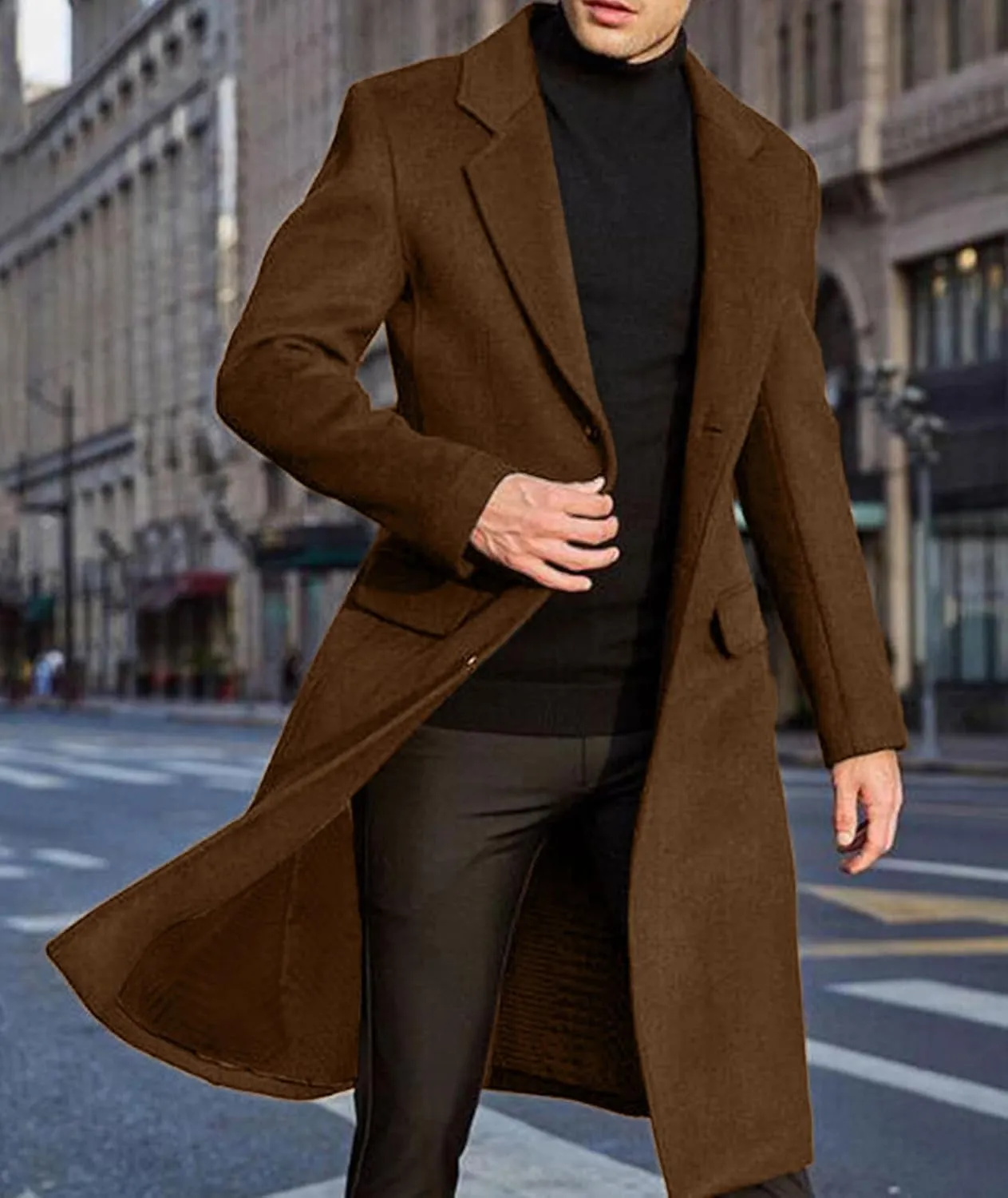 ECDAHICC Men's Slim Fit Single Breasted Trench Coat Winter Pea Coat Notch Lapel Long Casual Overcoat wih Pockets