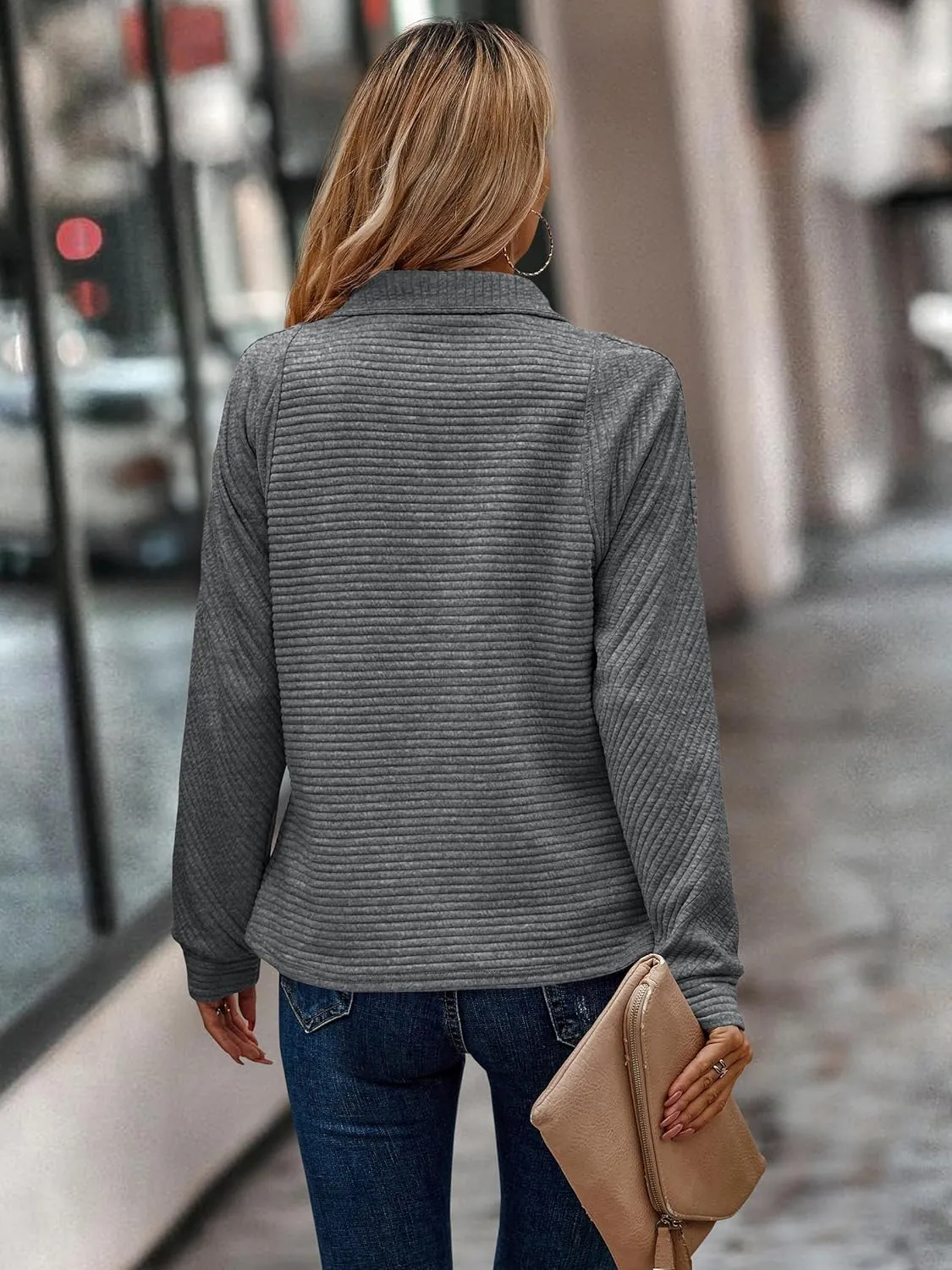 ECOWISH Womens Sweateshirt Quarter Zip: Fall Fashion 2025 Tops Winter Oversized Hoodie Ribbed Qulited Pullover V Neck Outfit