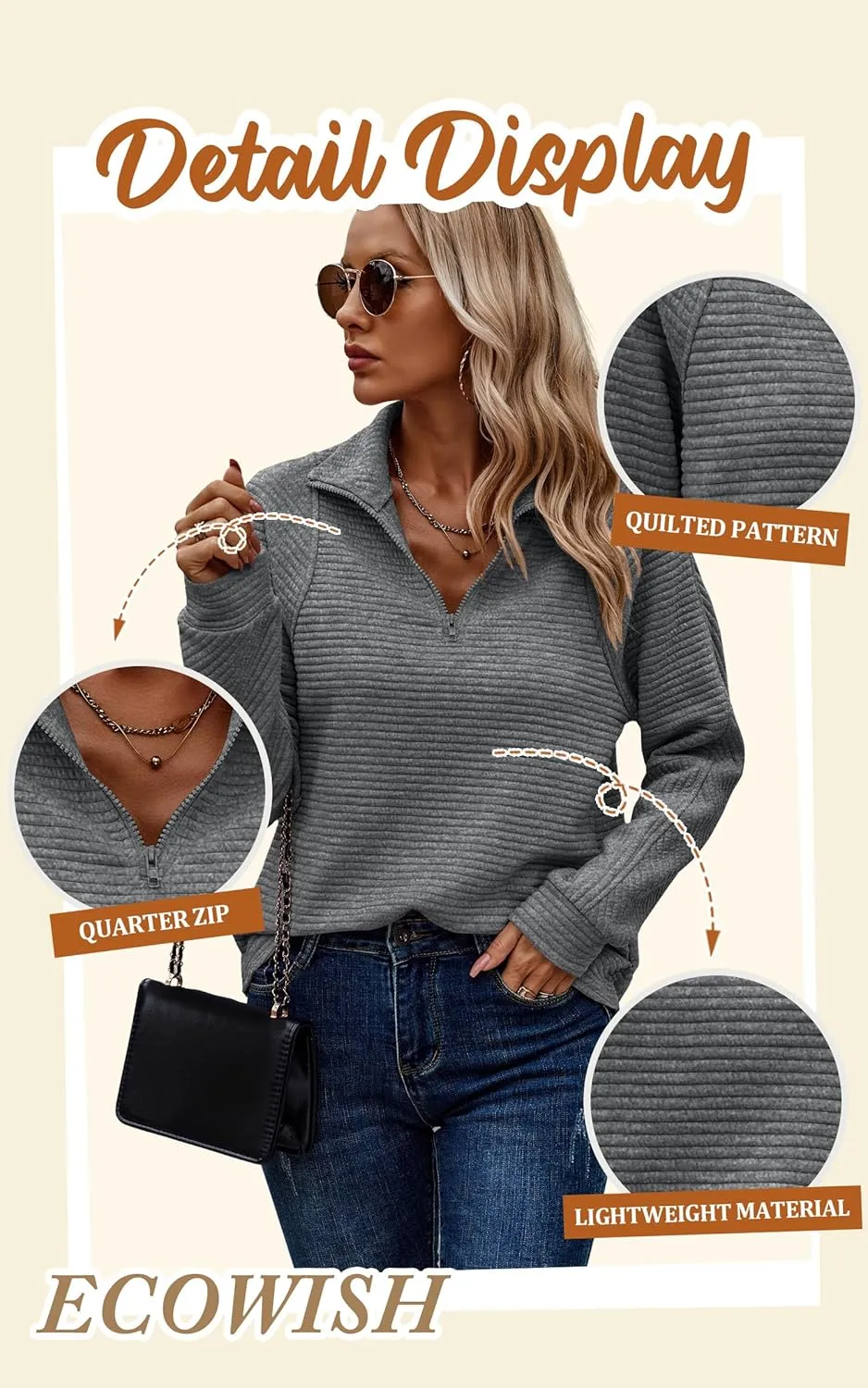 ECOWISH Womens Sweateshirt Quarter Zip: Fall Fashion 2025 Tops Winter Oversized Hoodie Ribbed Qulited Pullover V Neck Outfit