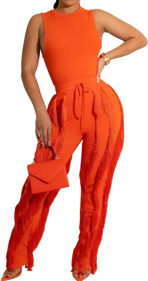 EDITCOZY Women Sexy Two Piece Outfits Fringe Pants Set Tassel Club 2 Piece Sets Going Out Birthday Party Night