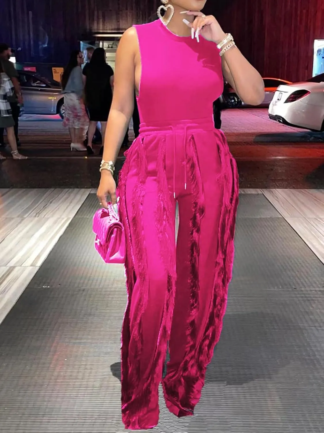 EDITCOZY Women Sexy Two Piece Outfits Fringe Pants Set Tassel Club 2 Piece Sets Going Out Birthday Party Night
