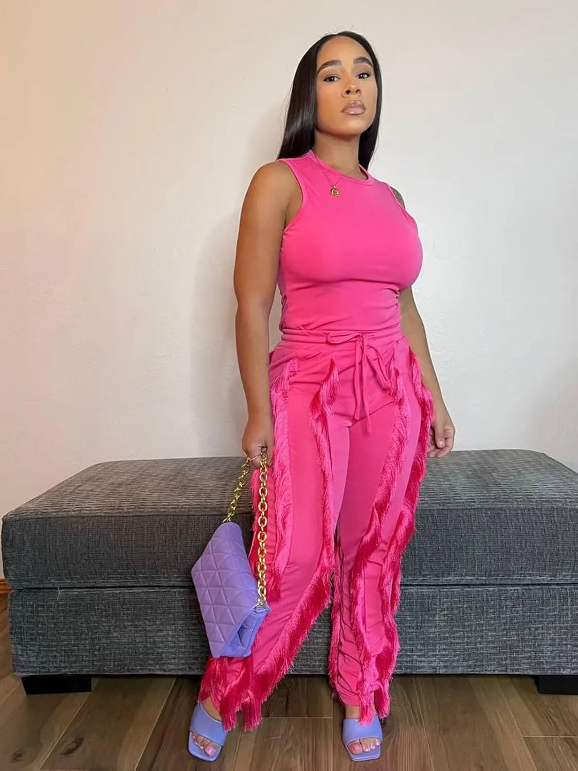 EDITCOZY Women Sexy Two Piece Outfits Fringe Pants Set Tassel Club 2 Piece Sets Going Out Birthday Party Night