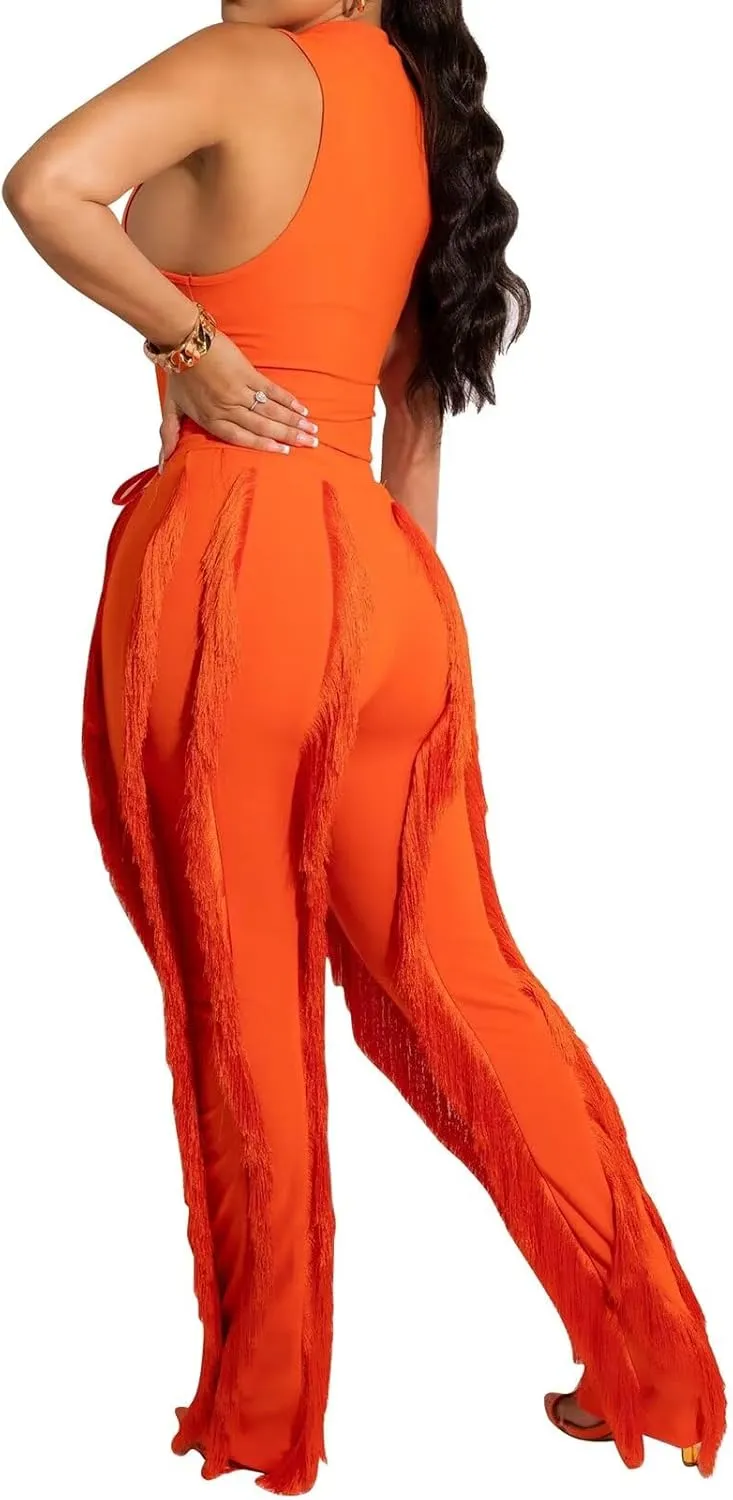 EDITCOZY Women Sexy Two Piece Outfits Fringe Pants Set Tassel Club 2 Piece Sets Going Out Birthday Party Night