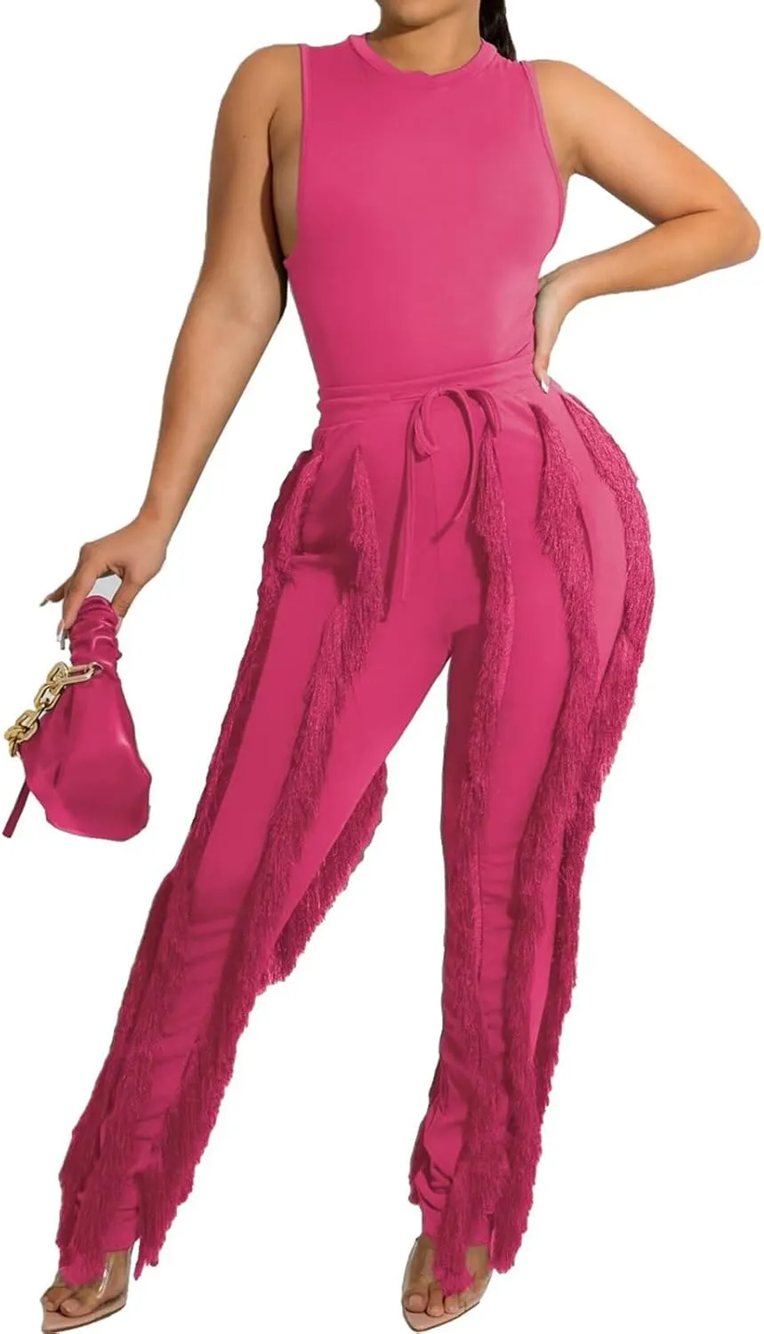 EDITCOZY Women Sexy Two Piece Outfits Fringe Pants Set Tassel Club 2 Piece Sets Going Out Birthday Party Night