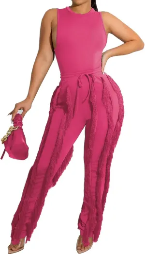 EDITCOZY Women Sexy Two Piece Outfits Fringe Pants Set Tassel Club 2 Piece Sets Going Out Birthday Party Night