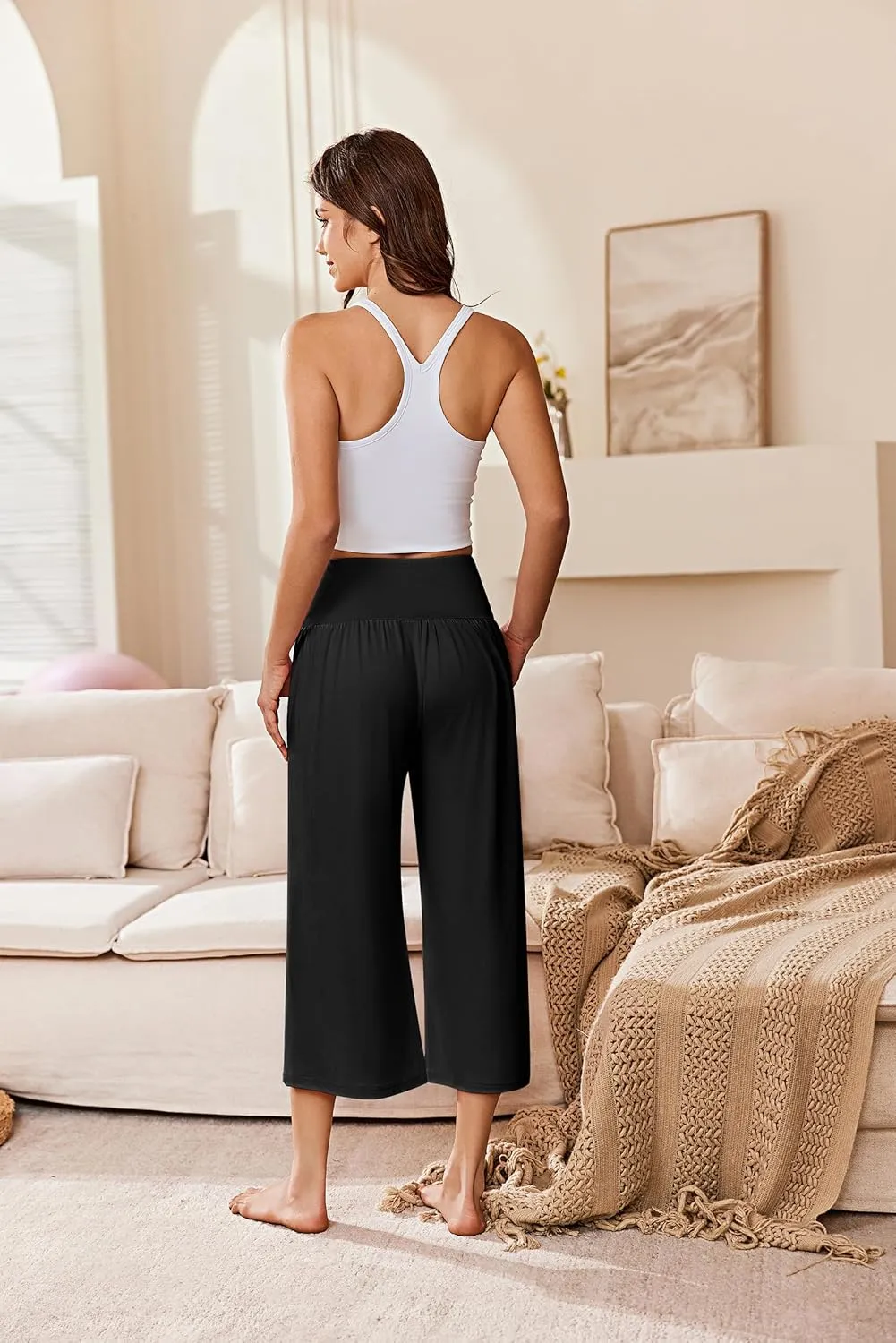 Ekouaer Womens Pajama Pants Wide Leg Capri Yoga Pants Lounge Comfy Sleep Pj Bottoms with Pockets