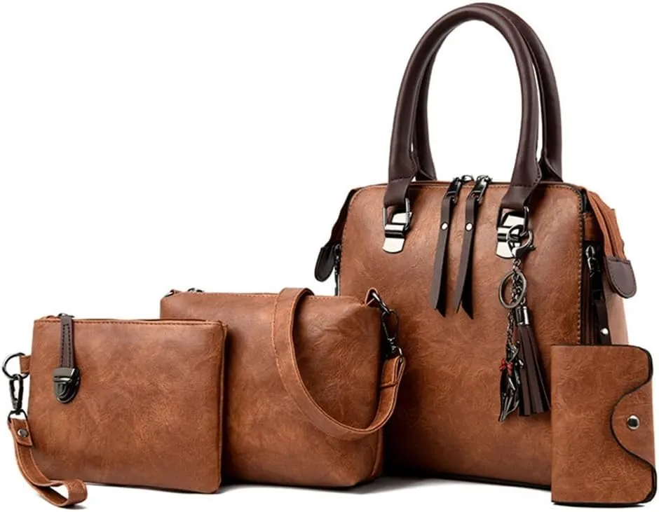 Elegant 4 In 1 Vintage PU Leather Satchel Top Handle Bag Handbag Set with Tassels Pendant and Shoulder Strap for Women