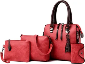 Elegant 4 In 1 Vintage PU Leather Satchel Top Handle Bag Handbag Set with Tassels Pendant and Shoulder Strap for Women