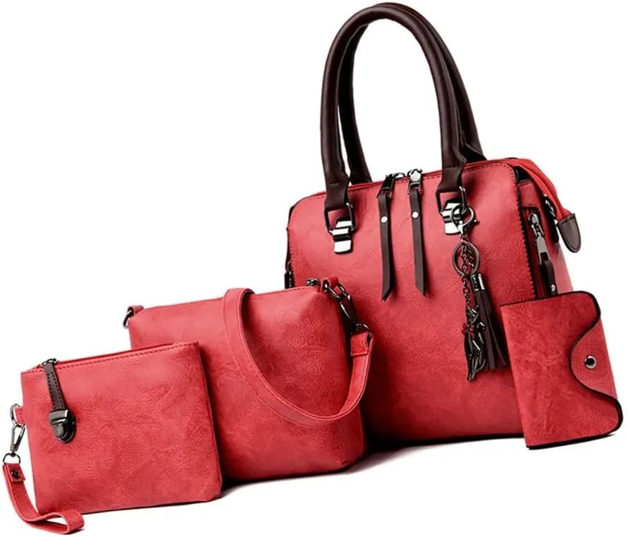 Elegant 4 In 1 Vintage PU Leather Satchel Top Handle Bag Handbag Set with Tassels Pendant and Shoulder Strap for Women