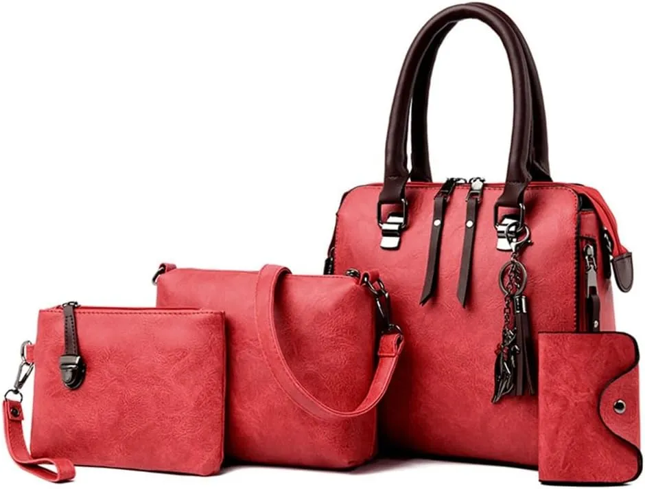 Elegant 4 In 1 Vintage PU Leather Satchel Top Handle Bag Handbag Set with Tassels Pendant and Shoulder Strap for Women