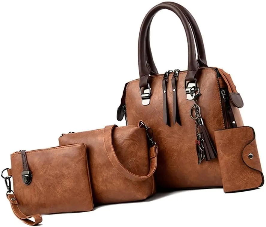 Elegant 4 In 1 Vintage PU Leather Satchel Top Handle Bag Handbag Set with Tassels Pendant and Shoulder Strap for Women