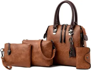 Elegant 4 In 1 Vintage PU Leather Satchel Top Handle Bag Handbag Set with Tassels Pendant and Shoulder Strap for Women