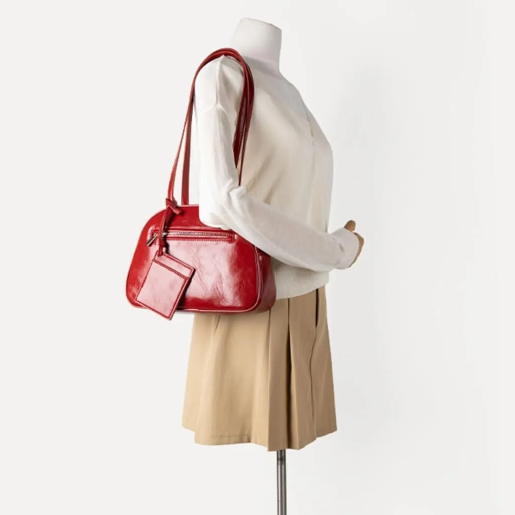 Elegant Korean Fashion Glossy PU Leather Saddles Shoulder Bag for Women Solid Color Zippered Underarm Handbag Purse