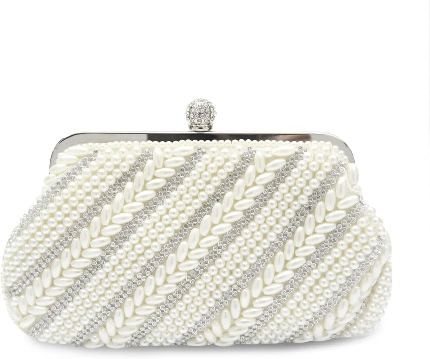 Elegant Women Pearl Evening Bag Rhinestone Clutch - Beaded Handbag for Bridal Wedding, Cocktail, Prom & Party - Detachable Chain Crossbody Purse in Beige