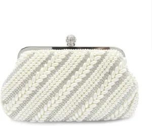 Elegant Women Pearl Evening Bag Rhinestone Clutch - Beaded Handbag for Bridal Wedding, Cocktail, Prom & Party - Detachable Chain Crossbody Purse in Beige