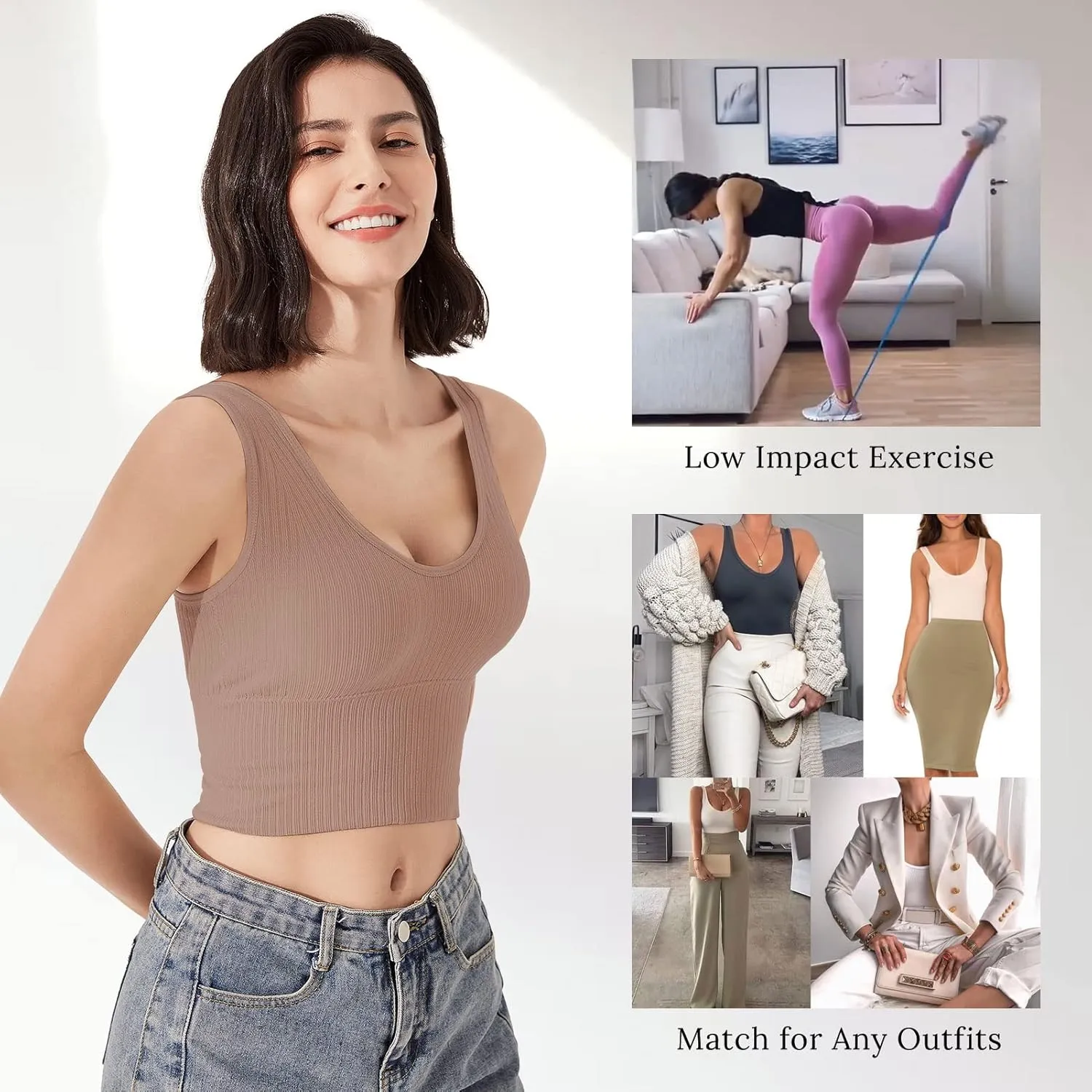 Eleplus 4 Pieces Comfy Cami Bra for Women Crop Top Yoga Bralette Longline Padded Lounge Bra Pack of 4