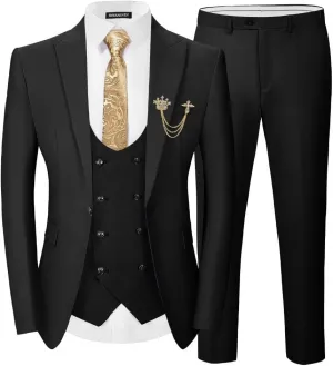 EMERAIDVLN Men's 3 Pieces Suit Slim Fit Elegant Wedding Prom Suits 1 Botton Blazer Double Breasted Vest and Pants Tuxedo Set