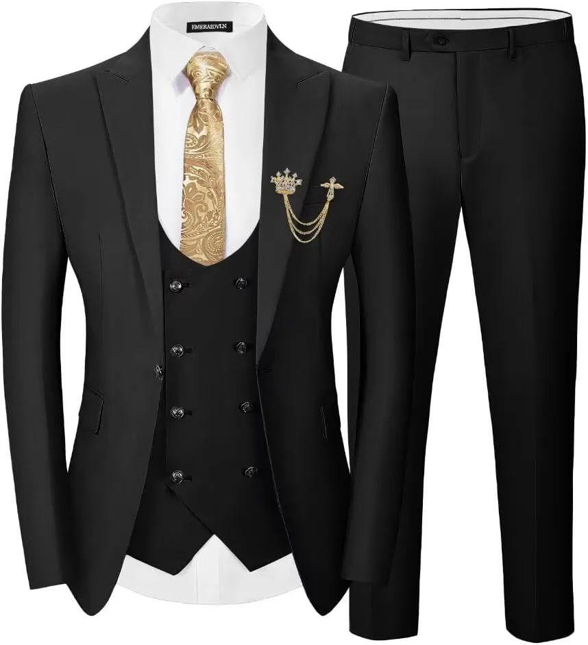 EMERAIDVLN Men's 3 Pieces Suit Slim Fit Elegant Wedding Prom Suits 1 Botton Blazer Double Breasted Vest and Pants Tuxedo Set