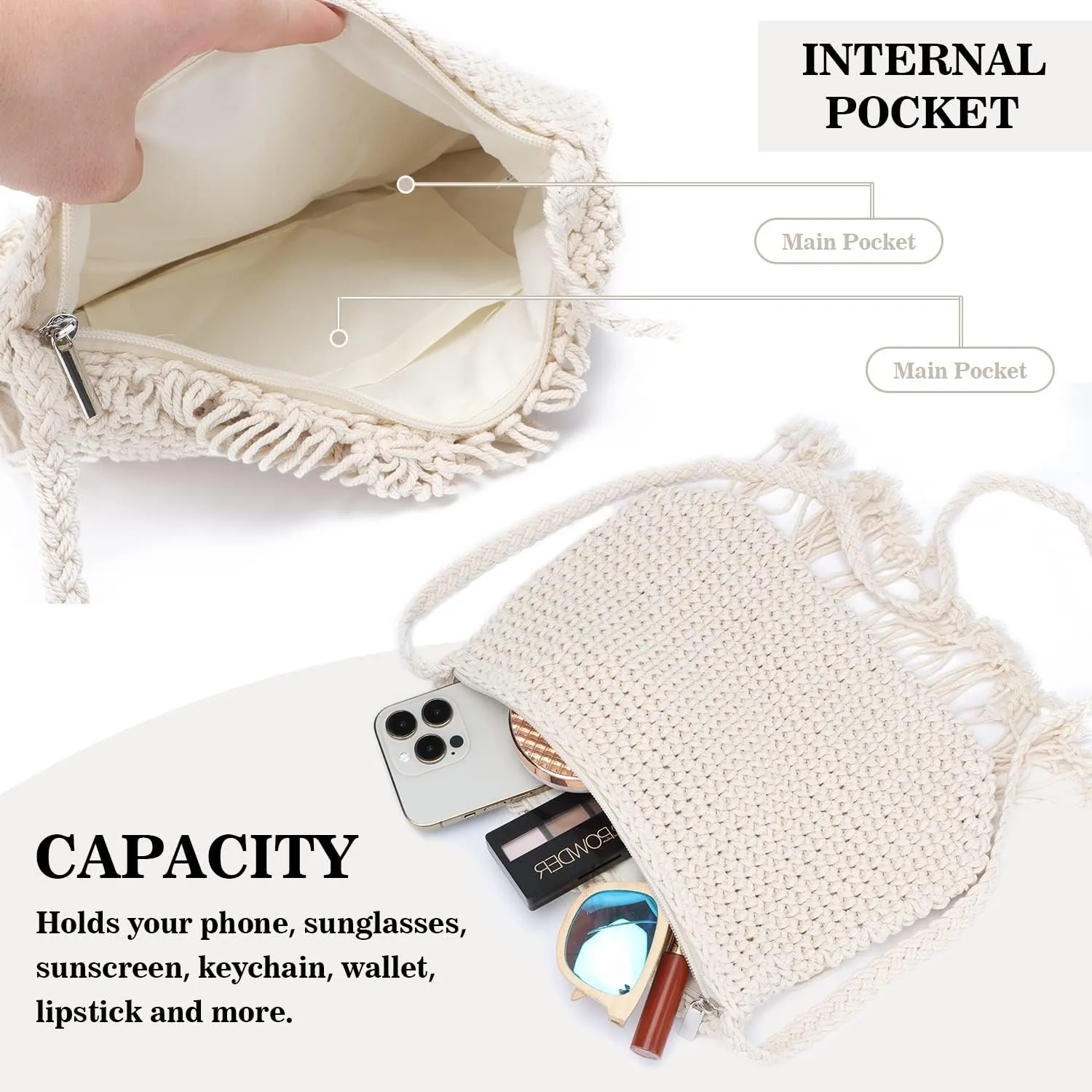 Emprier Retro Crochet Crossbody Shoulder Bag for Women Woven Fringe hobo bags Summer Beach Handmade Purse