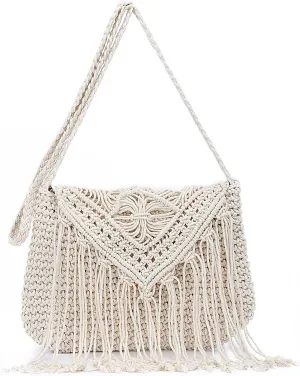 Emprier Retro Crochet Crossbody Shoulder Bag for Women Woven Fringe hobo bags Summer Beach Handmade Purse