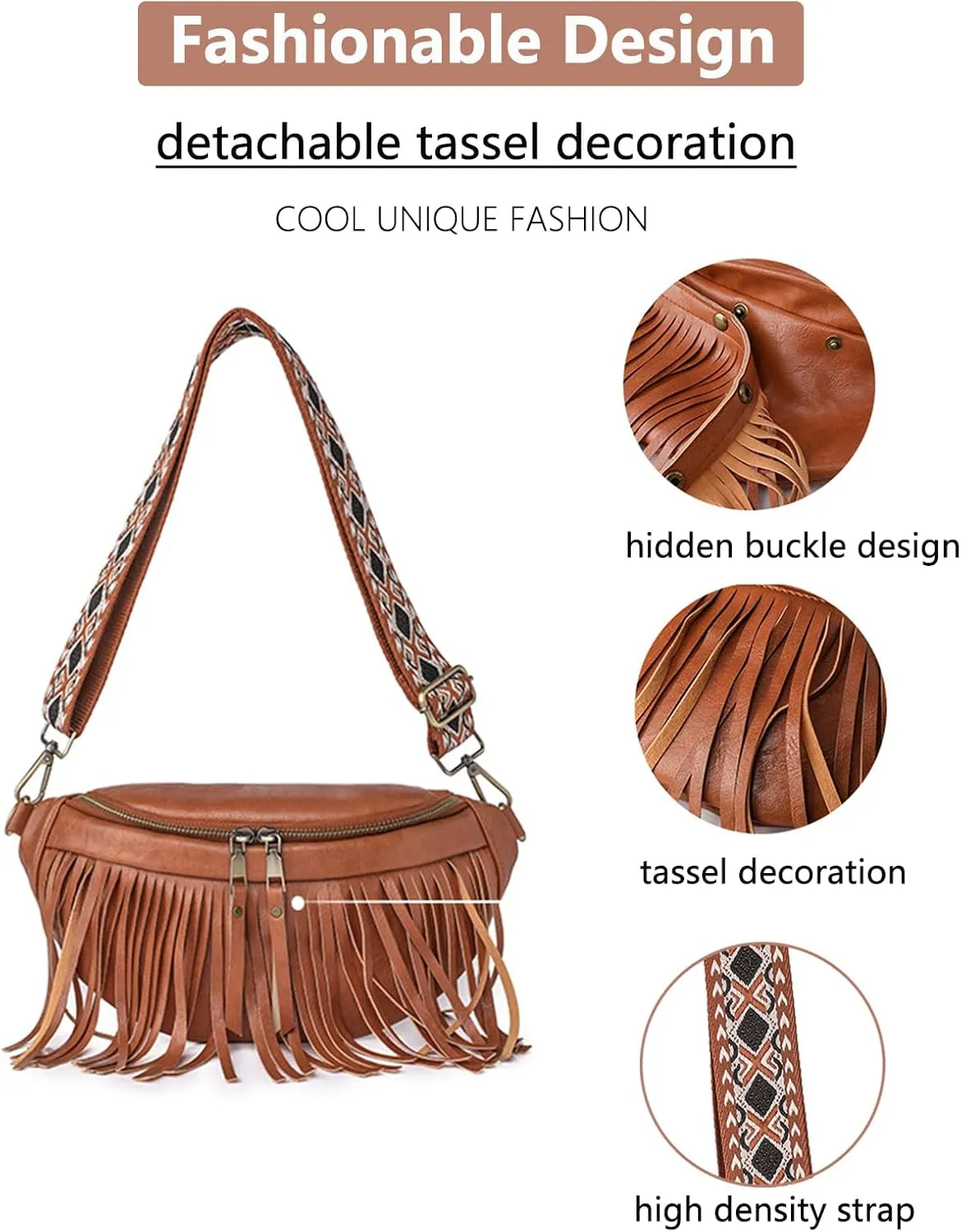 Fanny Packs for Women Fringe Purse Leather Chest Bag Waist Bag Casual Crossbody Bag with Zipper Pockets Travel Festival Sports Hiking Running (Beige)
