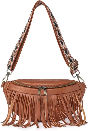 Fanny Packs for Women Fringe Purse Leather Chest Bag Waist Bag Casual Crossbody Bag with Zipper Pockets Travel Festival Sports Hiking Running (Beige)