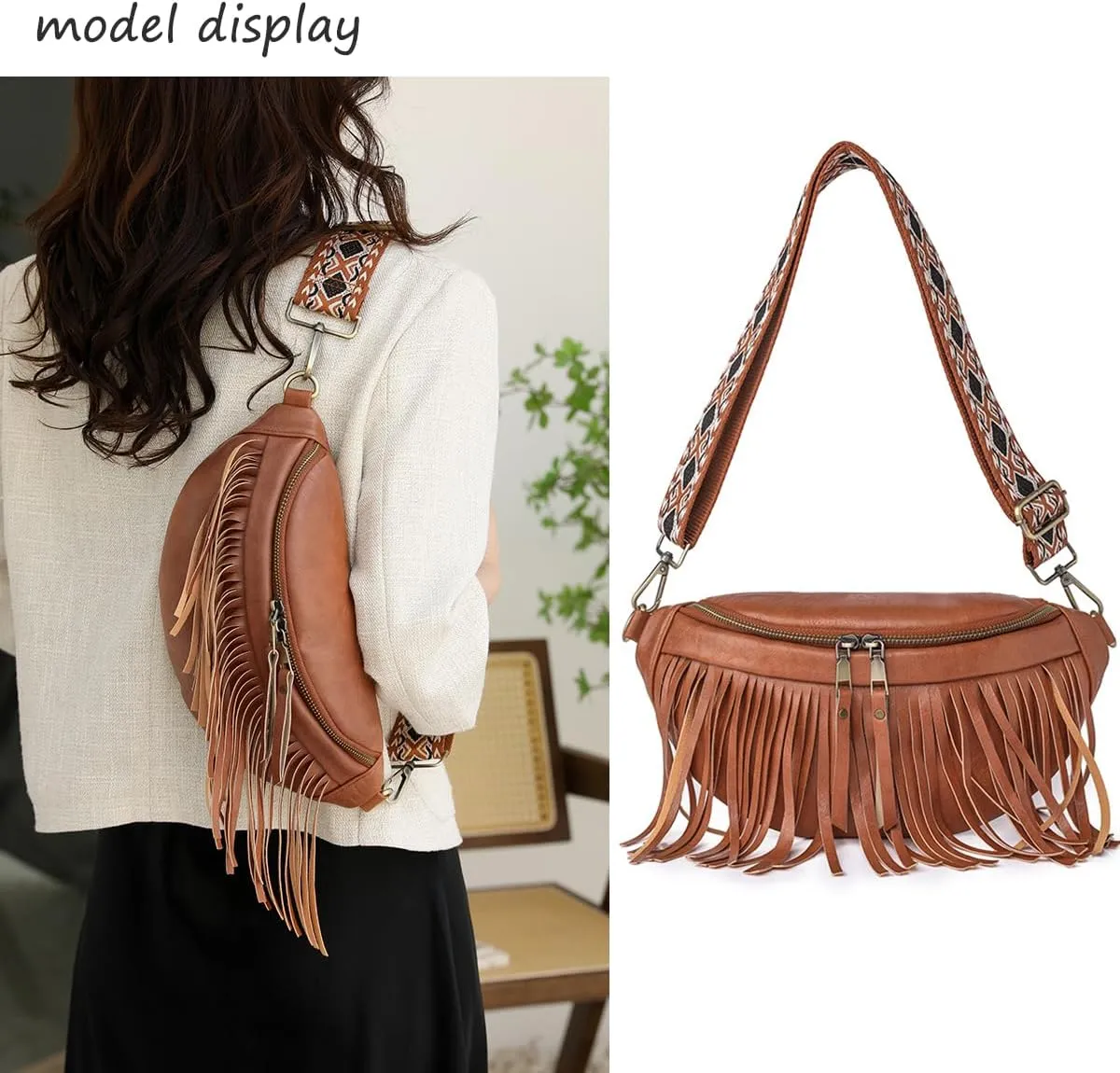 Fanny Packs for Women Fringe Purse Leather Chest Bag Waist Bag Casual Crossbody Bag with Zipper Pockets Travel Festival Sports Hiking Running (Beige)