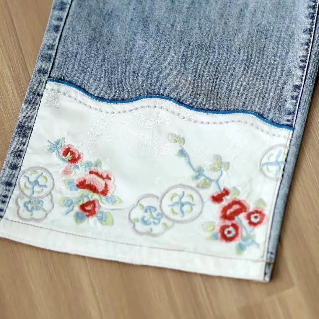 Fashion Spring Summer Ladies Ripped Loose Jeans Women Casual Embroidery Elastic Wide-Leg Denim Trousers