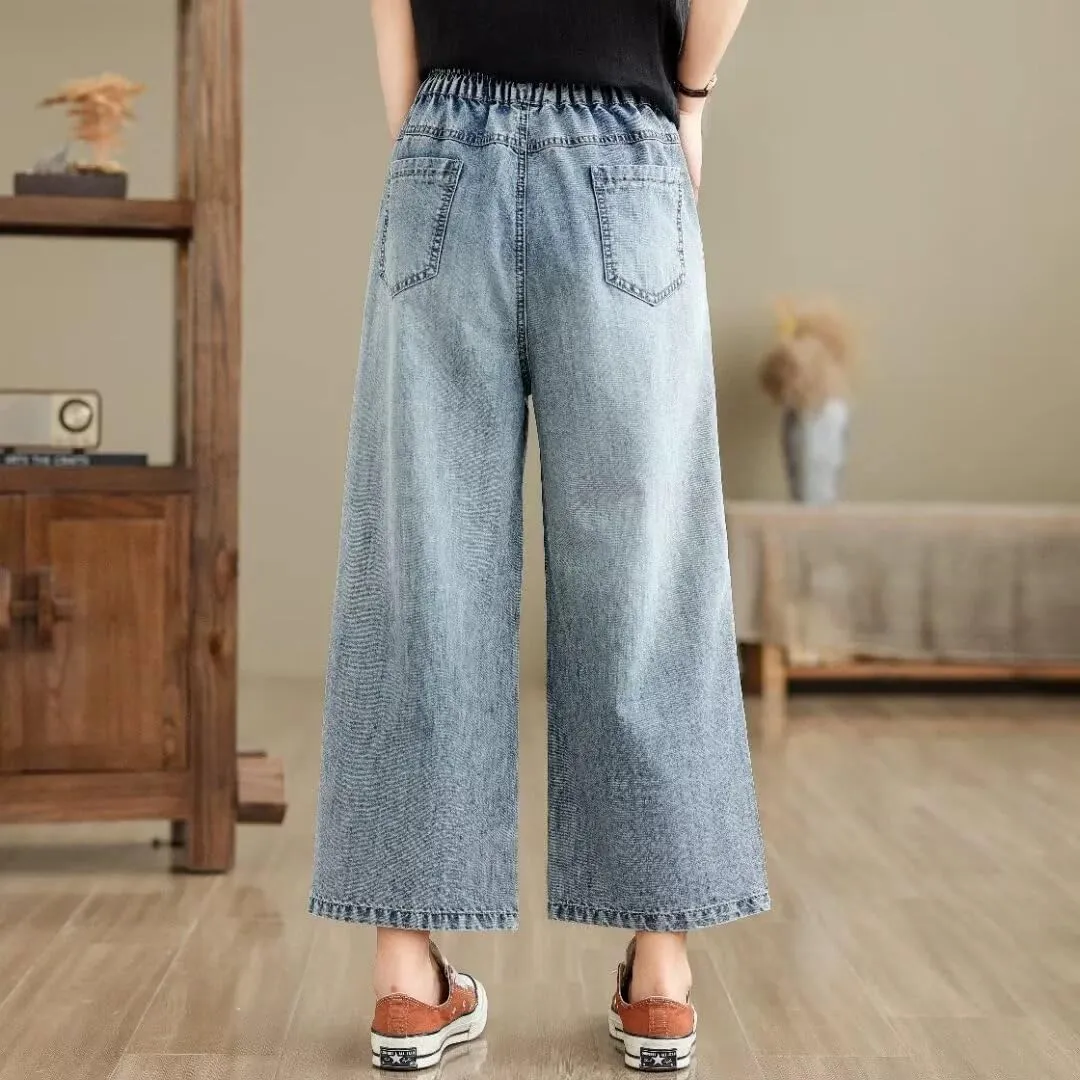 Fashion Spring Summer Ladies Ripped Loose Jeans Women Casual Embroidery Elastic Wide-Leg Denim Trousers