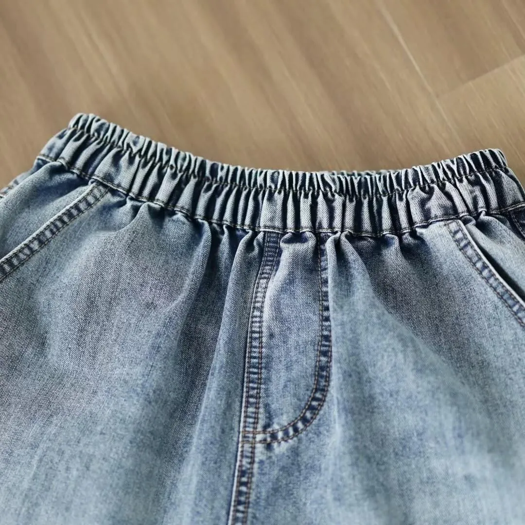 Fashion Spring Summer Ladies Ripped Loose Jeans Women Casual Embroidery Elastic Wide-Leg Denim Trousers