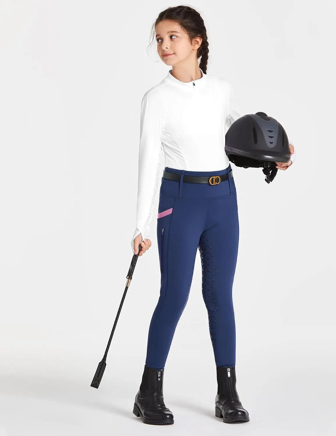 FitsT4 Sports Girls Riding Pants Full Seat High Waist Kids Equestrian Breeches Horse Schooling Tights Zipper Pockets