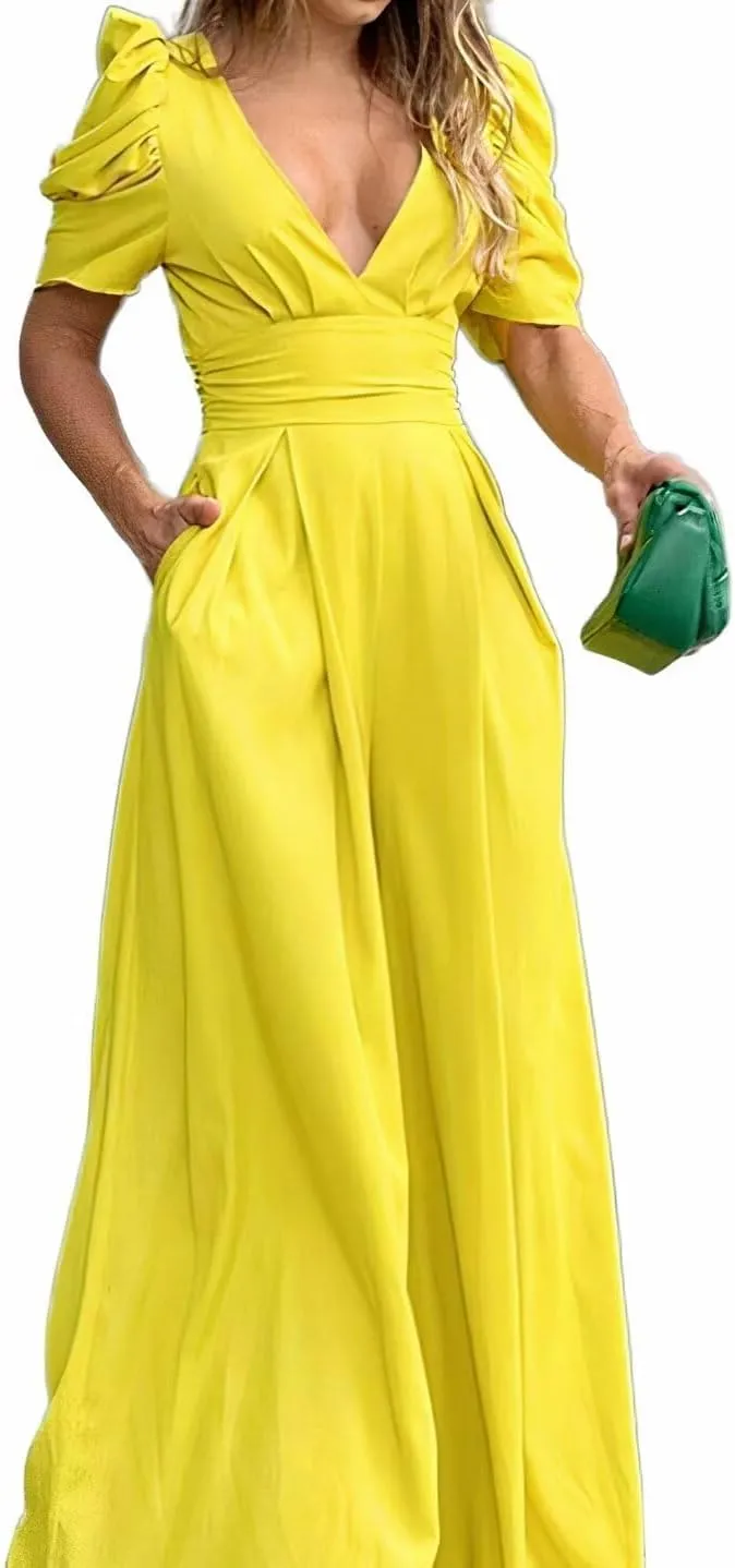 Flamingals Wide Leg Jumpsuit for Women Short Sleeve Summer Deep V Neck Sexy Hollow Out Tie Back Jumpsuits with Pockets