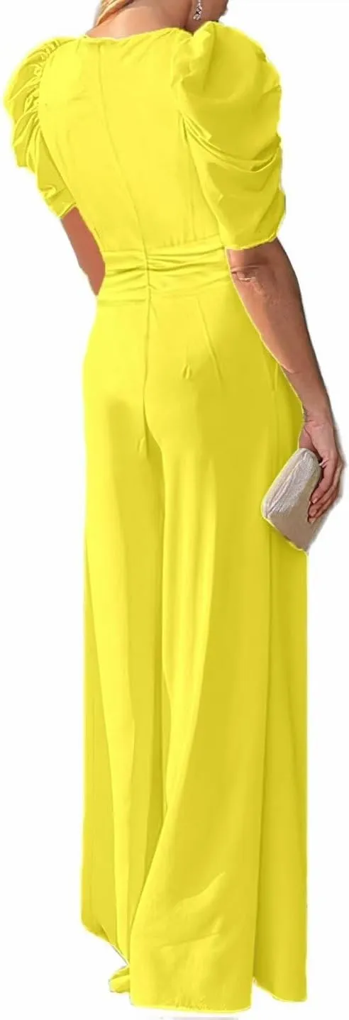 Flamingals Wide Leg Jumpsuit for Women Short Sleeve Summer Deep V Neck Sexy Hollow Out Tie Back Jumpsuits with Pockets