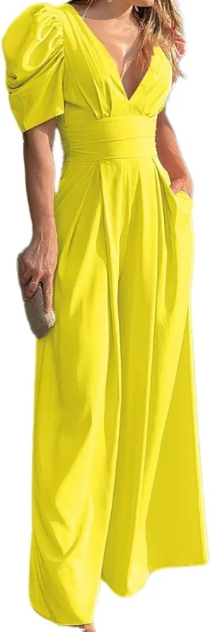 Flamingals Wide Leg Jumpsuit for Women Short Sleeve Summer Deep V Neck Sexy Hollow Out Tie Back Jumpsuits with Pockets